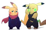  biceps blonde_hair bulge clothing duo eroborus fingerless_gloves flexing fur gloves green_eyes green_nose hair looking_at_viewer male nintendo one_eye_closed pikachu plain_background pok&eacute;mon rubber_suit scarf standing tight_clothing video_games white_background yellow_fur zipper 