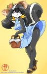  anthro basket black_hair breasts clothing color_background dress female flower footwear hair hat mammal nai-chan plain_background purple_eyes skunk solo 