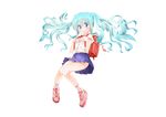  aqua_eyes aqua_hair backpack bag floating_hair full_body hatsune_miku highres kotee long_hair open_mouth randoseru shoes simple_background skirt sneakers socks solo twintails vocaloid white_background 