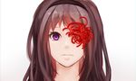  akemi_homura bad_id bad_pixiv_id black_hair citrus_tsukiko crying flower hairband highres long_hair looking_at_viewer mahou_shoujo_madoka_magica mahou_shoujo_madoka_magica_movie portrait purple_eyes simple_background solo spider_lily spoilers white_background 
