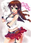  braid breast_hold breasts brown_hair dragonmaterial gloves green_eyes highres kantai_collection large_breasts long_hair midriff navel noshiro_(kantai_collection) single_thighhigh solo thighhighs 
