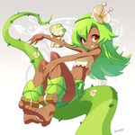  amalia_sheran_sharm artist_name bare_shoulders barefoot blueberry_(5959) brown_eyes dark_skin flower green_hair hair_flower hair_ornament highres long_hair midriff sadida smile solo wakfu 