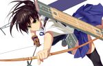  aiming arrow black_hair bow_(weapon) dragonmaterial drawing_bow flight_deck gloves hakama_skirt holding holding_arrow holding_bow_(weapon) holding_weapon kaga_(kantai_collection) kantai_collection muneate outstretched_arm partly_fingerless_gloves short_hair single_glove skirt solo tasuki thighhighs weapon yellow_eyes yugake 