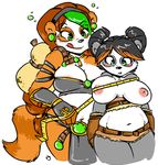  bear big_breasts blush breasts chubby cleavage clothed clothing drunk duo ear_piercing female gentlemanjim green_eyes hair mammal nipples panda pandaren piercing simple_background smile tape_measure thick_thighs tongue video_games warcraft world_of_warcraft 