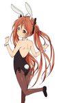  aihara_enju animal_ears ass black_bullet blush brown_eyes bunny_ears bunny_tail bunnysuit detached_collar fishnet_pantyhose fishnets long_hair looking_at_viewer looking_back nectar_(fujiya) orange_hair pantyhose shoes smile solo tail twintails wrist_cuffs 