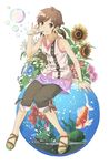  brown_eyes brown_hair bubble bubble_blowing capri_pants fish fishbowl flower goldfish grin highres izumi_(ko8) original pants sandals short_hair short_twintails sitting skirt smile solo sunflower twintails water white_background 