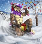  anthro biceps big_muscles brown_fur christmas dick_in_a_box feline fur hat holidays male mammal muscles nude pecs sitting snow toned vallhund winter 