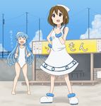  :d ankle_boots barefoot blue_hair boots brown_eyes brown_hair clothes_theft cosplay crossover dress fist_pump hair_ornament hairclip hat hirasawa_yui ikamusume ikamusume_(cosplay) k-on! long_hair multiple_girls o_o one-piece_swimsuit open_mouth round_teeth shinryaku!_ikamusume shizupu shoes short_hair smile squid_hat sweatdrop swimsuit teeth tentacle_hair theft translated v-shaped_eyebrows white_footwear 