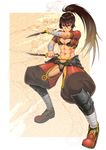  abs breasts brown_hair chaps crop_top dagger dual_wielding exeb. holding large_breasts midriff muscle muscular_female original panties ponytail solo thong underwear weapon 