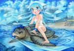  barefoot beach blue_eyes blue_hair blush bracelet cloud day happy hat ikamusume jewelry long_hair mosho ocean outdoors riding shinryaku!_ikamusume sky smile solo_focus swimsuit tentacle_hair traditional_media turtle water 