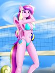  &lt;3 anthro anthrofied ball bikini blumagpie breasts cleavage clothed clothing cloud cutie_mark dripping equine eyeshadow female friendship_is_magic hair hi_res horn makeup mammal multi-colored_hair my_little_pony navel net outside princess_cadance_(mlp) purple_eyes solo standing sweat swimsuit tattoo volleyball volleyball_net winged_unicorn wings 