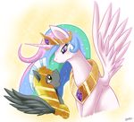  amber_eyes blue_hair blush crown duo equine female feral friendship_is_magic fur hair horn horse long_hair male mammal multi-colored_hair my_little_pony open_mouth pegasus pony princess_celestia_(mlp) purple_eyes unicorn vavacung winged_unicorn wings 
