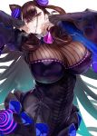  1girl bangs black_dress breasts brown_hair double_bun dress fate/grand_order fate_(series) frills hair_between_eyes hair_ornament highres iku_(ikuchan_kaoru) large_breasts long_hair long_sleeves looking_at_viewer murasaki_shikibu_(fate) parted_lips puffy_sleeves purple_eyes simple_background solo very_long_hair white_background 