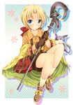  androgynous bare_legs blonde_hair blue_background blue_eyes blush bow brown_shorts cape creature full_body gloves gradient gradient_background hair_bow male_focus orange_shirt puka_(wild_arms) ratryu shirt shoes shorts sitting smile socks staff tim_rhymeless white_background wild_arms wild_arms_2 