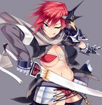 ;p bikini black_footwear blue_eyes boots bra cowboy_shot dragonmaterial earrings front-tie_top grey_background holding holding_sword holding_weapon jewelry looking_at_viewer midriff one_eye_closed panties red_bra red_hair red_panties short_hair simple_background solo standing stud_earrings swimsuit sword thigh_boots thighhighs tongue tongue_out underwear weapon 