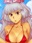  1girl bangs bare_shoulders bikini blue_sky bow breasts cloud collarbone commentary_request day eyebrows_visible_through_hair eyelashes fujiwara_no_mokou hair_bow halterneck large_breasts lips long_hair looking_at_viewer outdoors red_bikini red_eyes shinburu shrug silver_hair sky solo swimsuit touhou upper_body white_bow 