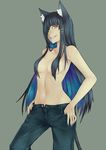  animal_ears black_hair blue_hair cat_ears cat_tail character_request denim grin hair_censor hair_ornament hair_over_breasts hair_over_one_eye hairclip hands_in_pockets highres jeans jikeshi long_hair multicolored_hair navel original pants smile solo tail topless yellow_eyes 