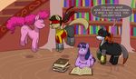  book bookshelf brown_hair cutie_mark dialog earth_pony english_text equine ethanqix eyes_closed female feral friendship_is_magic fur group hair horn horse inside male mammal mask my_little_pony pink_fur pink_hair pinkie_pie_(mlp) pony purple_eyes purple_fur purple_hair smile stairs text twilight_sparkle_(mlp) watermark winged_unicorn wings 