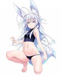  animal_ears antenna_hair barefoot black_panties blue_eyes halter_top halterneck highres kentairui long_hair lowleg lowleg_panties midriff mitsuha_(kentairui) navel no_pants one_knee original panties silver_hair sleeveless solo tail turtleneck underwear white_hair wolf_ears 