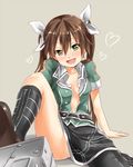  :d arai_harumaki blush boots breasts brown_hair green_eyes heart heart-shaped_pupils kantai_collection open_clothes open_mouth open_shirt pelvic_curtain petite remodel_(kantai_collection) shirt sitting small_breasts smile sweat symbol-shaped_pupils tone_(kantai_collection) twintails 