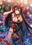  asymmetrical_legwear bad_id bad_pixiv_id bracelet breasts brown_hair cleavage copyright_name flower from_above hair_between_eyes japanese_clothes jewelry kazari_tayu kimono kneeling large_breasts long_hair looking_at_viewer looking_up necklace obi red_eyes sash solo tenka_touitsu_chronicle thigh_strap very_long_hair water wet 