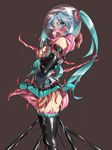  1girl aqua_eyes aqua_hair bdsm biosuit blush bondage bound female fumi11gou hatsune_miku living_clothes long_hair maimai11 one_eye_closed open_mouth rape restrained solo tentacle twintails vocaloid 