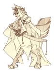  arabian breasts canine dog female looking_down mammal monochrome redbeanviolin sepia solo sword weapon 