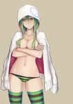  :| absurdres ass_visible_through_thighs bad_id bad_pixiv_id breast_hold breasts closed_mouth crossed_arms green_eyes green_hair green_panties hair_censor hair_over_breasts highres hood hoodie jikeshi long_hair naked_hoodie navel no_bra open_clothes original panties solo striped striped_legwear striped_panties thighhighs underwear 