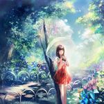  brown_hair camera cat closed_eyes cloud day dress flower highres holding moemoe3345 original outdoors path red_dress road shadow short_sleeves standing thighhighs transparent transparent_umbrella tree umbrella white_legwear 