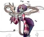  bare_shoulders bent_over blue_hair blue_skin breasts derekireba detached_sleeves hair_over_one_eye hand_on_own_knee leviathan_(skullgirls) long_hair long_skirt red_eyes side_ponytail skirt skull skullgirls smile solo squigly_(skullgirls) stitched_mouth stitches striped_sleeves zombie 