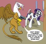  bovine cattle duo ear_tag english_text fear female friendship_is_magic gilda_(mlp) gore gryphon horn_amputation imminent_death mammal mechacockzilla my_little_pony raised_tail rarity_(mlp) teats text udders 