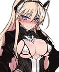  adapted_uniform bad_id bad_twitter_id blonde_hair blue_eyes blush breasts cleavage covered_nipples framed_breasts gloves hanna-justina_marseille head_wings headband large_breasts long_hair looking_at_viewer null_(nyanpyoun) revealing_clothes solo strike_witches sweatdrop underboob world_witches_series 