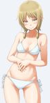  bad_id bad_pixiv_id bikini blonde_hair blush breasts cleavage collarbone contrapposto cowboy_shot hair_over_shoulder hair_rings halterneck hand_on_own_stomach hands_together ichii_yui iguchi_(strawmat) looking_at_viewer low_twintails medium_breasts side-tie_bikini solo standing swimsuit tsurime twintails white_bikini yellow_eyes yuyushiki 