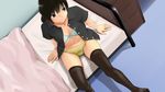  1girl black_eyes black_hair blush bra menstrual_pad menstruation panties pubic_hair thighhighs thighs tsupan underwear 