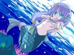  areola_slip areolae breasts green_eyes izumi_yukiru long_hair mermaid monster_girl navel purple_hair puyopuyo seriri_(puyopuyo) small_breasts solo underboob underwater 