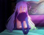  1girl crying feet feet_together long_hair no_game_no_life no_shoes orange_eyes panties pantyshot pantyshot_(sitting) purple_hair rainbow_hair screencap shiro_(no_game_no_life) sitting solo tears thighhighs underwear 