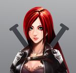  because-k breasts cleavage collarbone eyelashes green_eyes grey_background highres katarina_du_couteau league_of_legends long_hair medium_breasts multicolored_hair parted_lips red_hair scar simple_background solo two-tone_hair upper_body 