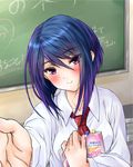  bad_id bad_pixiv_id blue_hair blush breasts chalkboard girlfriend_(kari) hibara_eiko looking_at_viewer medium_breasts miyatomo_(hibaraya) necktie purple_eyes smile solo 