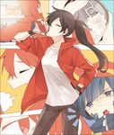  1girl b-bocchan bad_id bad_pixiv_id black_hair blue_hair can ene_(kagerou_project) genderswap genderswap_(ftm) genderswap_(mtf) headphones jacket kagerou_project kisaragi_shintarou long_hair ponytail refrigerator soda_can track_jacket 