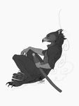  avian beak bird chutkat claws eyes_closed male monochrome reclining smile solo sword talons weapon 