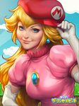  adjusting_clothes adjusting_hat alternate_headwear blue_eyes copyright_name dress elbow_gloves gloves hat highres long_hair making_of mario_(series) pink_dress princess_peach puffy_short_sleeves puffy_sleeves short_sleeves signature smile solo stanley_lau super_mario_bros. super_princess_peach white_gloves 