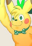  animal_ears black_nose blonde_hair bow_tie eroborus green_eyes green_hand hair male nintendo pikachu plain_background pok&eacute;mon rabbit_ears red_cheeks selfie smile solo video_games wendell white_background yellow_body 