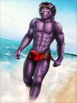  abs anthro beach beard biceps big_muscles black_fur black_hair black_nose blue_eyes bulge canine claws clothing dalmatian dog dream_and_nightmare facial_hair fido_(character) fur goatee grin hair male mammal muscles outside pecs pose purple_fur sand seaside shorts sky smile solo standing summer swimsuit toned topless water 