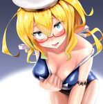  ahegao aqua_eyes arm_strap bare_shoulders blonde_hair blush breasts cleavage collarbone downblouse glasses hat i-8_(kantai_collection) kantai_collection large_breasts leaning_forward long_hair looking_at_viewer off_shoulder red-framed_eyewear semi-rimless_eyewear simple_background solo swimsuit swimsuit_pull tongue tongue_out tooi_aoiro two-tone_background under-rim_eyewear wet 