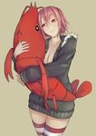  breasts cleavage downscaled highres jacket jikeshi md5_mismatch medium_breasts original pink_hair prawn red_eyes resized short_hair striped striped_legwear stuffed_shrimp stuffed_toy thighhighs 