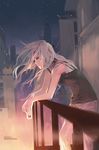  aqua_eyes arm_rest bare_shoulders bra camisole carciphona city cityscape from_side leaning_forward long_hair night pants profile railing shilin sky solo star_(sky) starry_sky underwear veloce_visrin white_hair wind 