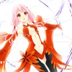  bare_shoulders black_legwear blush breasts center_opening cleavage detached_sleeves fikkyun fingerless_gloves gloves guilty_crown hair_ornament hairclip highres long_hair looking_at_viewer navel open_mouth outstretched_arms pink_hair red_eyes small_breasts smile solo thighhighs twintails watermark web_address yuzuriha_inori 