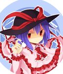  ascot bow fingers hat hat_bow hat_ribbon kazeharu looking_at_viewer nagae_iku purple_hair red_eyes ribbon shaded_face short_hair smile solo touhou 