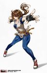  artist_name breasts brown_eyes brown_hair cleavage dougi fighting_stance fingerless_gloves foreshortening gloves headband highres large_breasts lips long_hair noh_seong-min outstretched_hand ponytail ryuuko_no_ken shirt shoes sneakers socks solo spandex t-shirt the_king_of_fighters yuri_sakazaki 