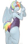  2014 anthro anthrofied blue_fur butt equine eyelashes female friendship_is_magic fur hair looking_at_viewer mammal multi-colored_hair my_little_pony one-piece_swimsuit pegasus plain_background purple_eyes rainbow_dash_(mlp) rainbow_hair solo swimsuit the-rasp-b white_background wings 